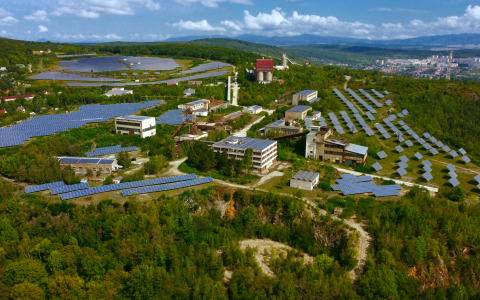 aerial shot of a solar farm