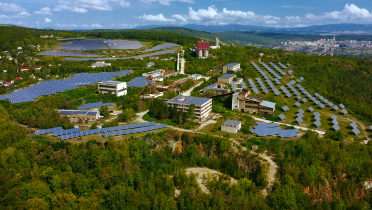 aerial shot of a solar farm