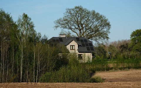 sustainable home with solar panels in nature