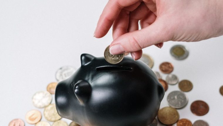 person putting coin in a piggy bank
