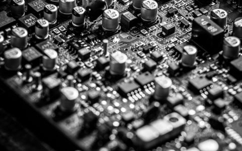 black and white photo of a circuit board