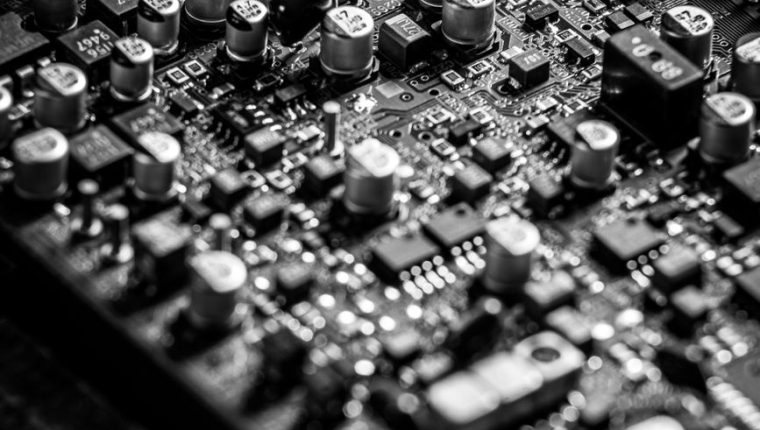 black and white photo of a circuit board