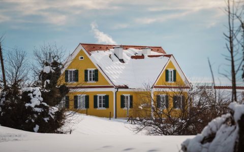 charming snow covered yellow house in austria