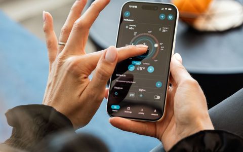woman using mobile app to control sauna settings