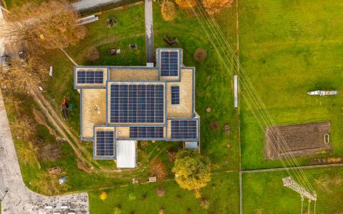 aerial view of solar panels on building in croatia