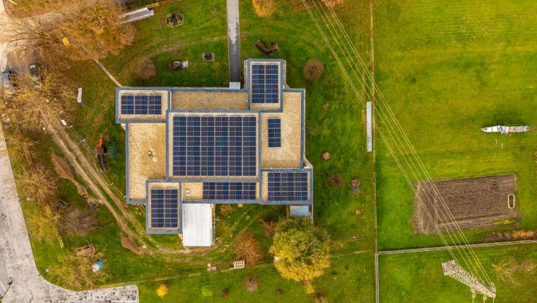 aerial view of solar panels on building in croatia